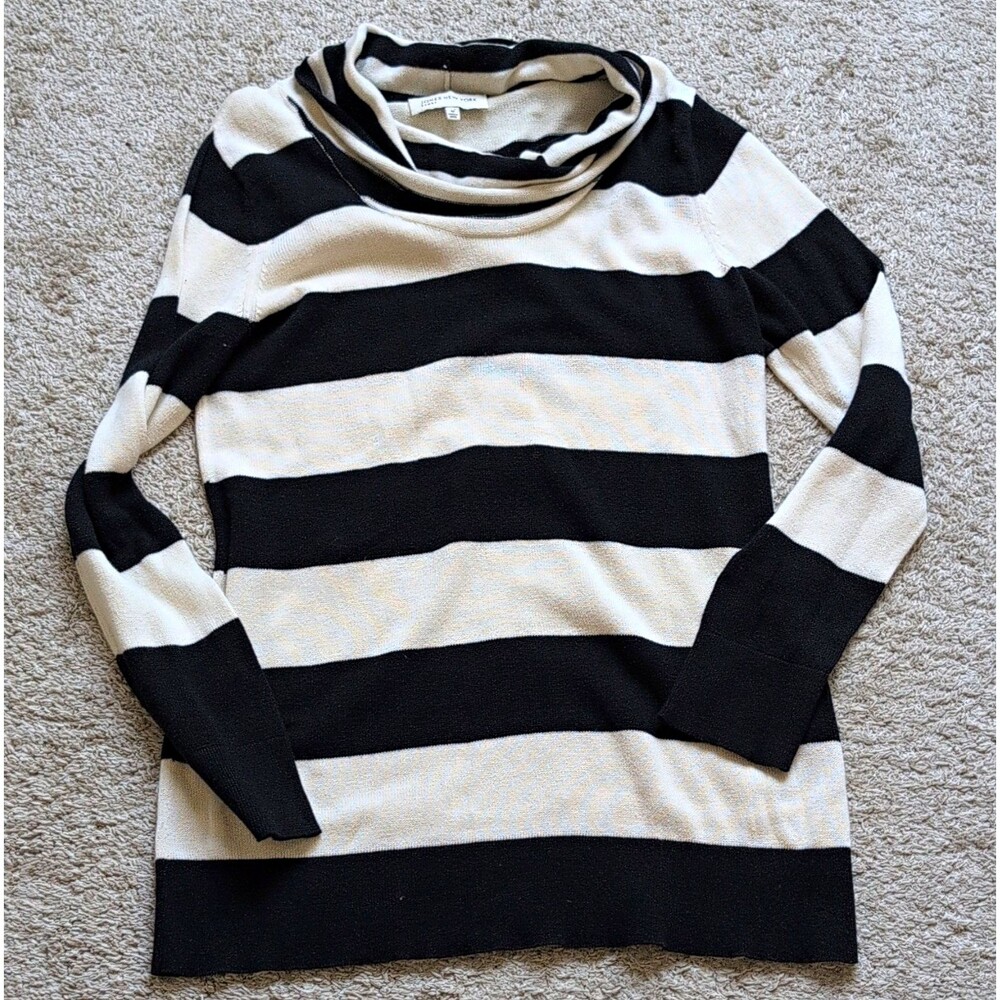 Jones New York Sweater Medium Black Cream Striped Cowl Neck Tunic Knit